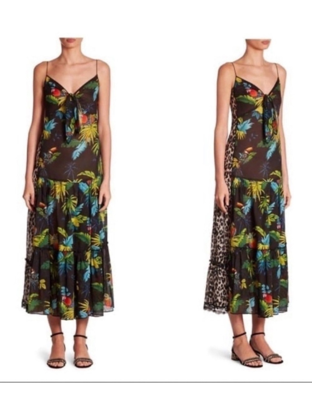 New! Marc Jacobs Tropical Parrot & Leopard Print Midi Dress in Black Multi